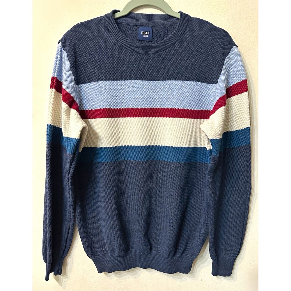 MaxFashion Mens Sweater Medium Slim Fit Striped Knit Crewneck Pullover Navy Blue